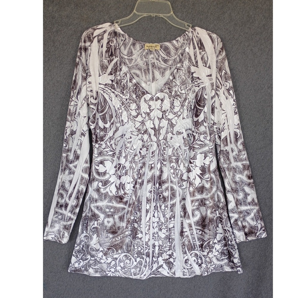 One World Womens XL Gray White Print Velvet Burnout V-Neck Tunic Top Whimsigoth